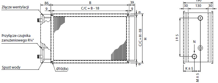 nagrzewnica kanałowa wodna PGV VBR 800x500-2-2,5 VEAB wymiary